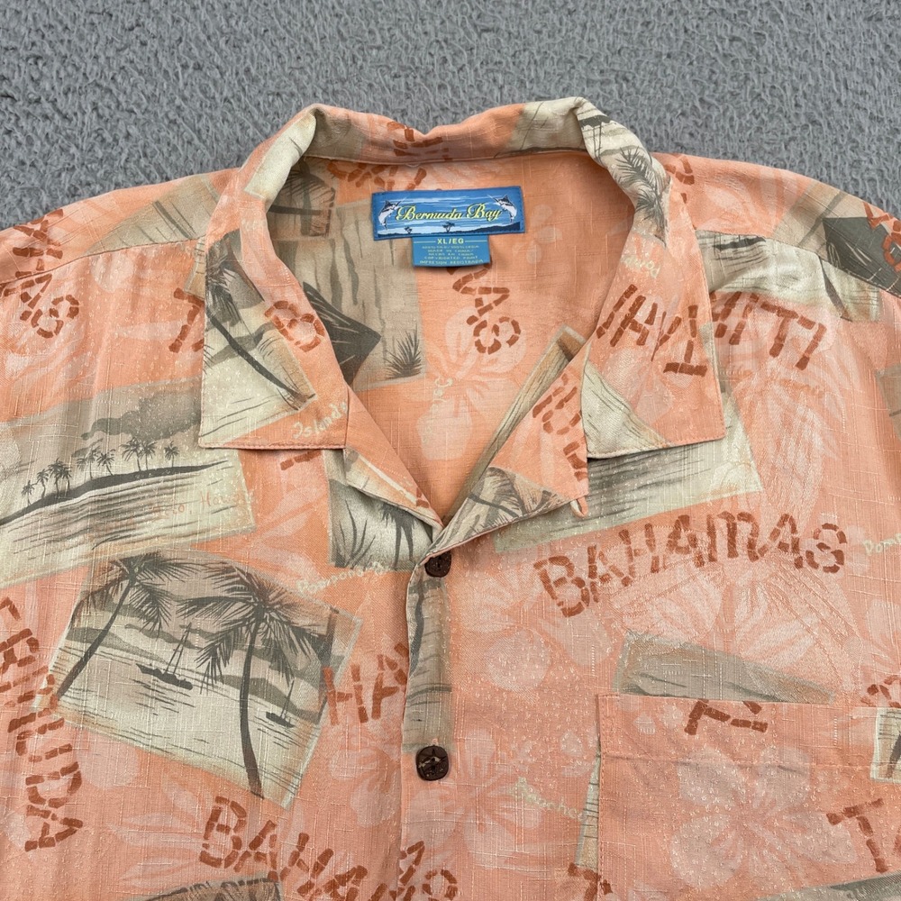 Bermuda Bay Shirt Mens XL Orange Bahamas Hawaii Tahiti Silk Aloha Camp Tropical